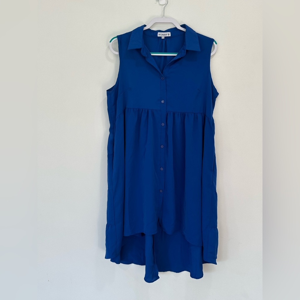 Elings Sleeveless Button-Front High-Low Tunic Dress in Cobalt Blue size large